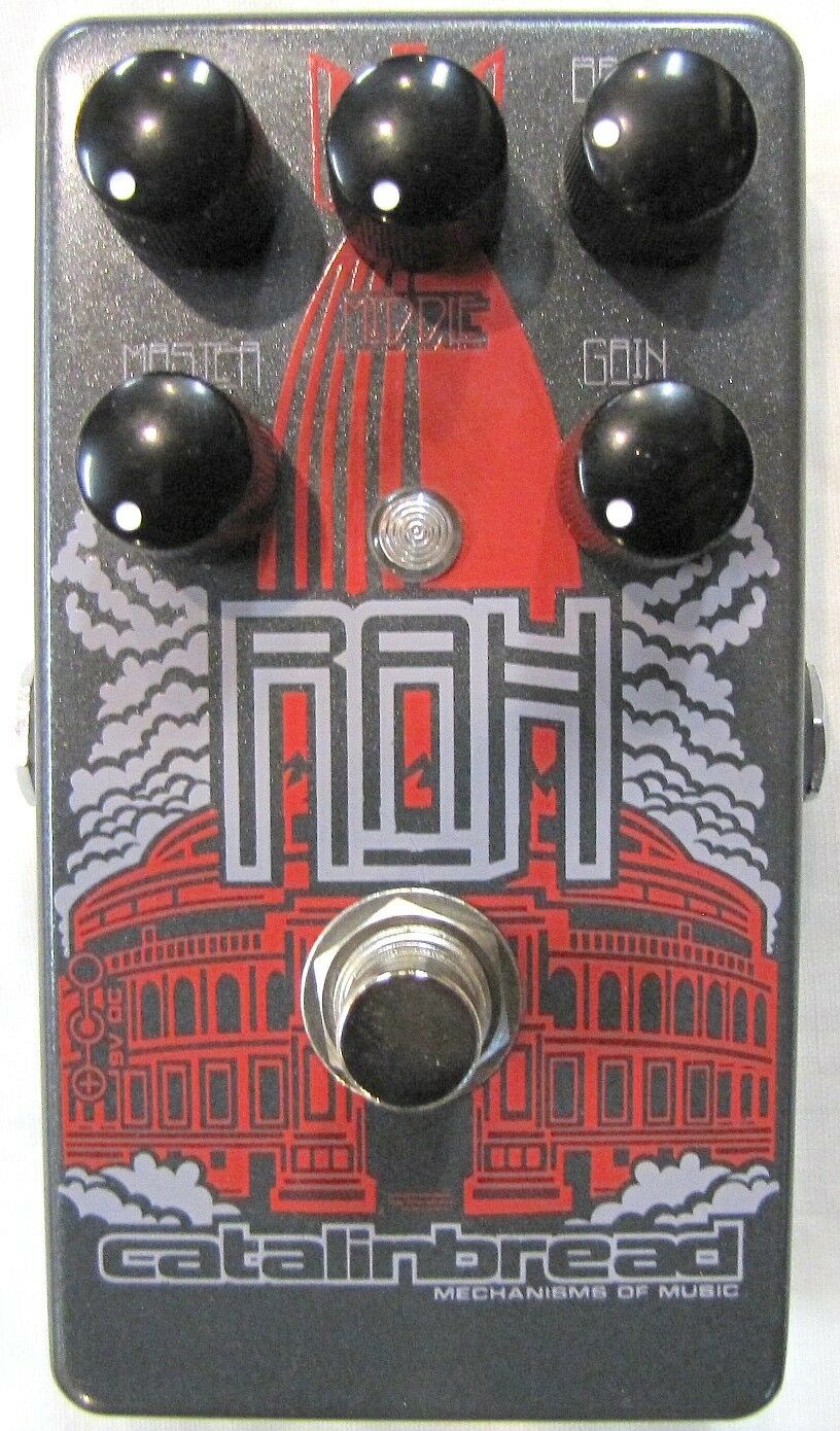 Catalinbread RAH Royal Albert Hall overdrive pedal — gray enclosure, red graphics, five knobs, top view