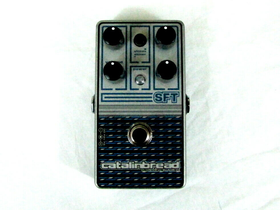 Catalinbread SFT Ampeg overdrive pedal - silver enclosure with blue amp grille graphic, top view