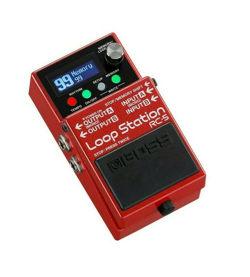 Used Boss RC-5 Loop Station looper pedal, red, angled view with LCD display