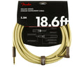 Fender Deluxe Series 18.6 ft tweed instrument cable — angled and straight plugs in retail packaging