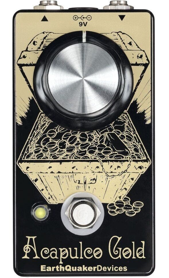 EarthQuaker Devices Acapulco Gold V2 distortion pedal — black enclosure with gold artwork, top view
