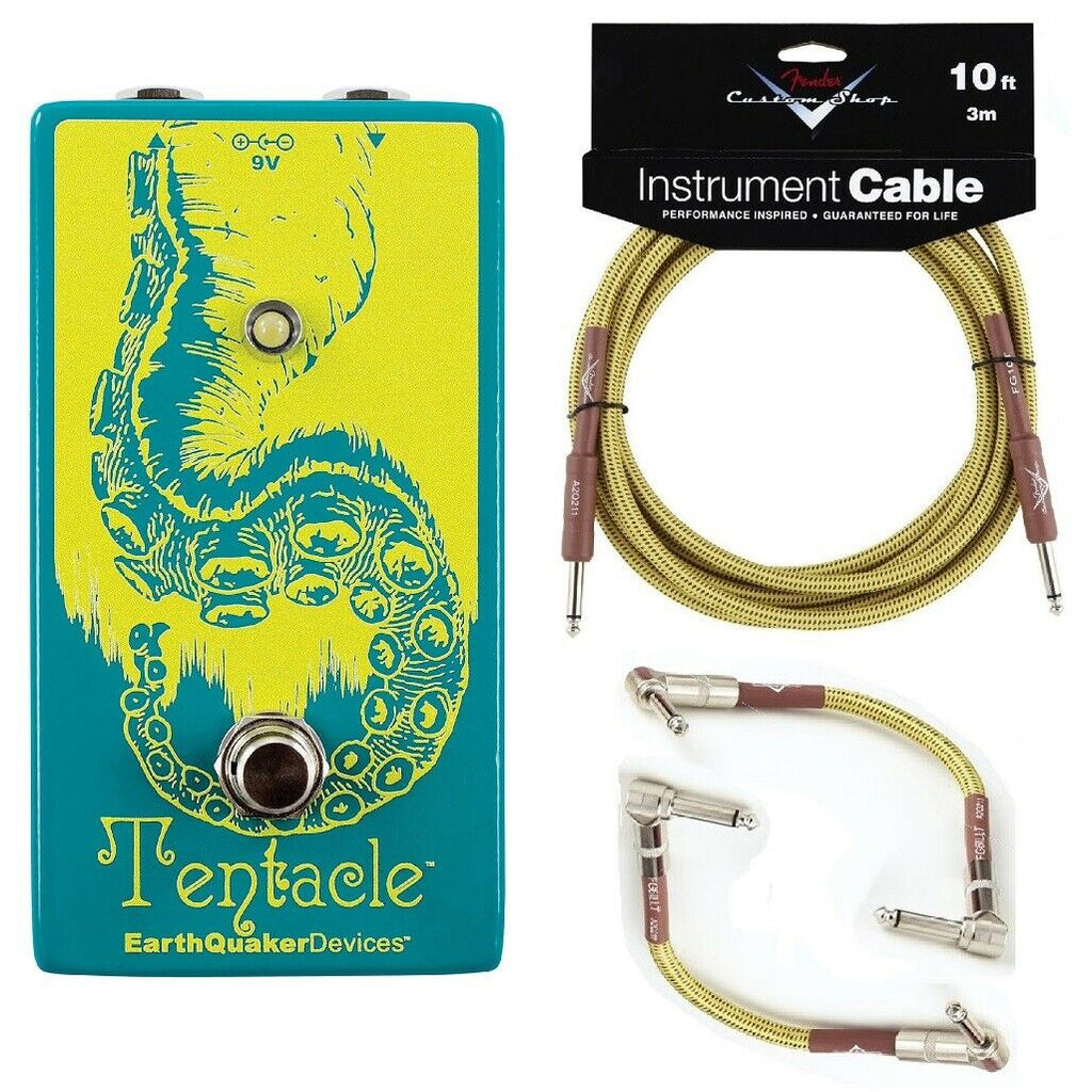 EarthQuaker Devices Tentacle V2 octave up pedal — teal and yellow enclosure shown with included Fender cables