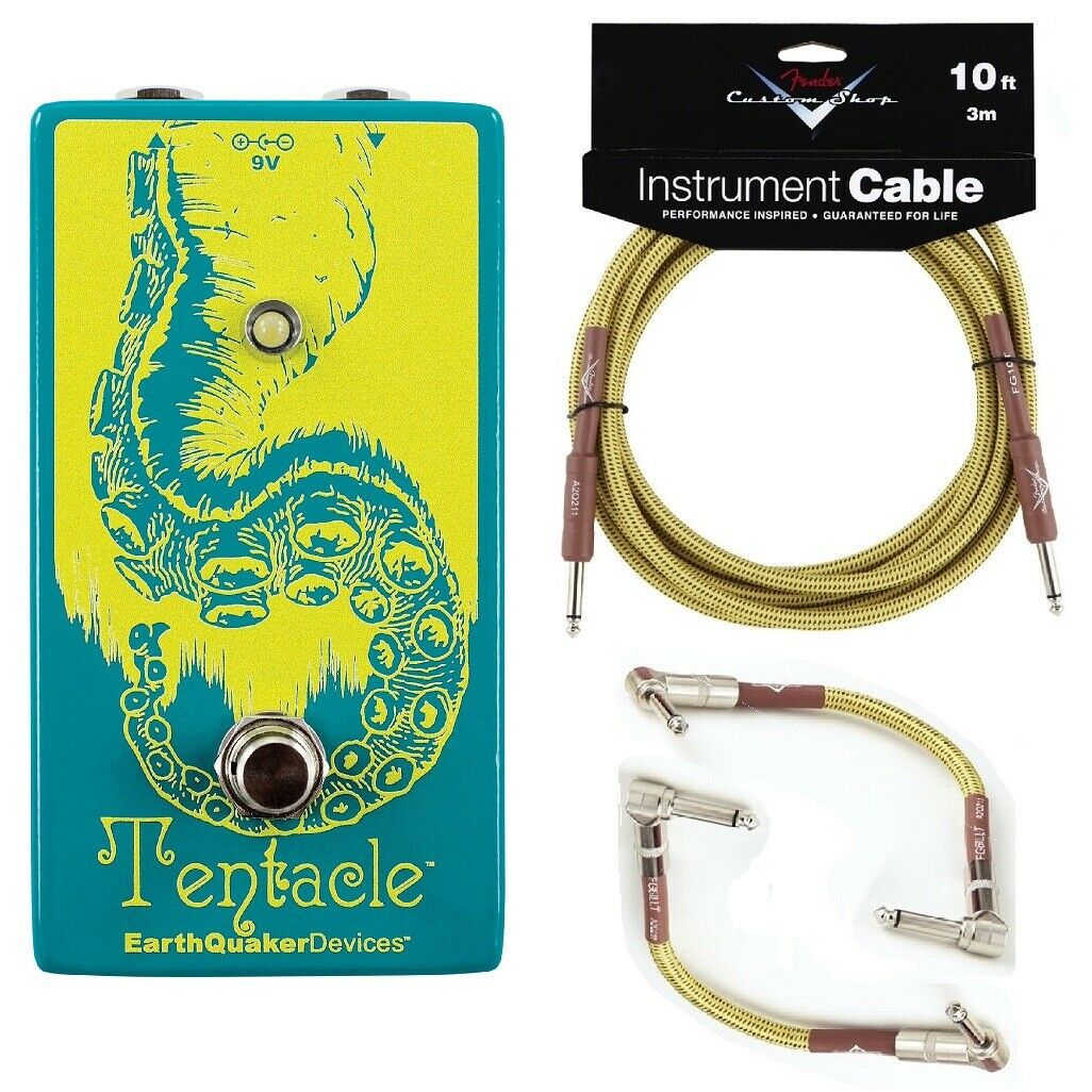 EarthQuaker Devices Tentacle V2 octave up pedal — teal and yellow enclosure shown with included Fender cables