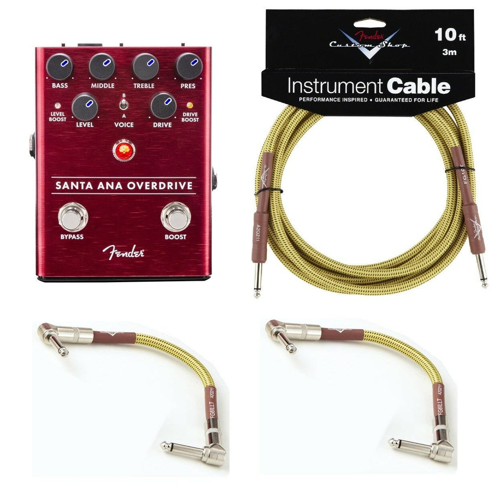 Fender Santa Ana Overdrive guitar pedal red anodized aluminum enclosure with Fender Tweed cables bundle