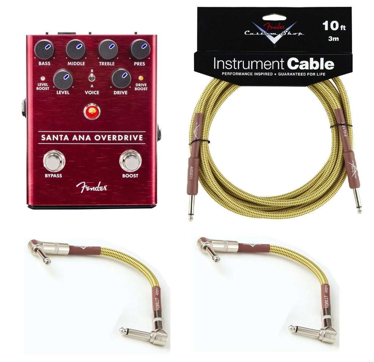Fender Santa Ana Overdrive guitar pedal red anodized aluminum enclosure with Fender Tweed cables bundle