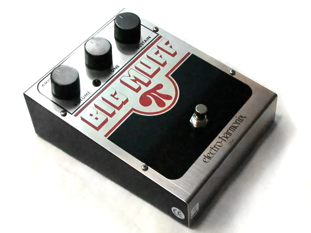 Used EHX Big Muff Pi fuzz distortion pedal, angled side view