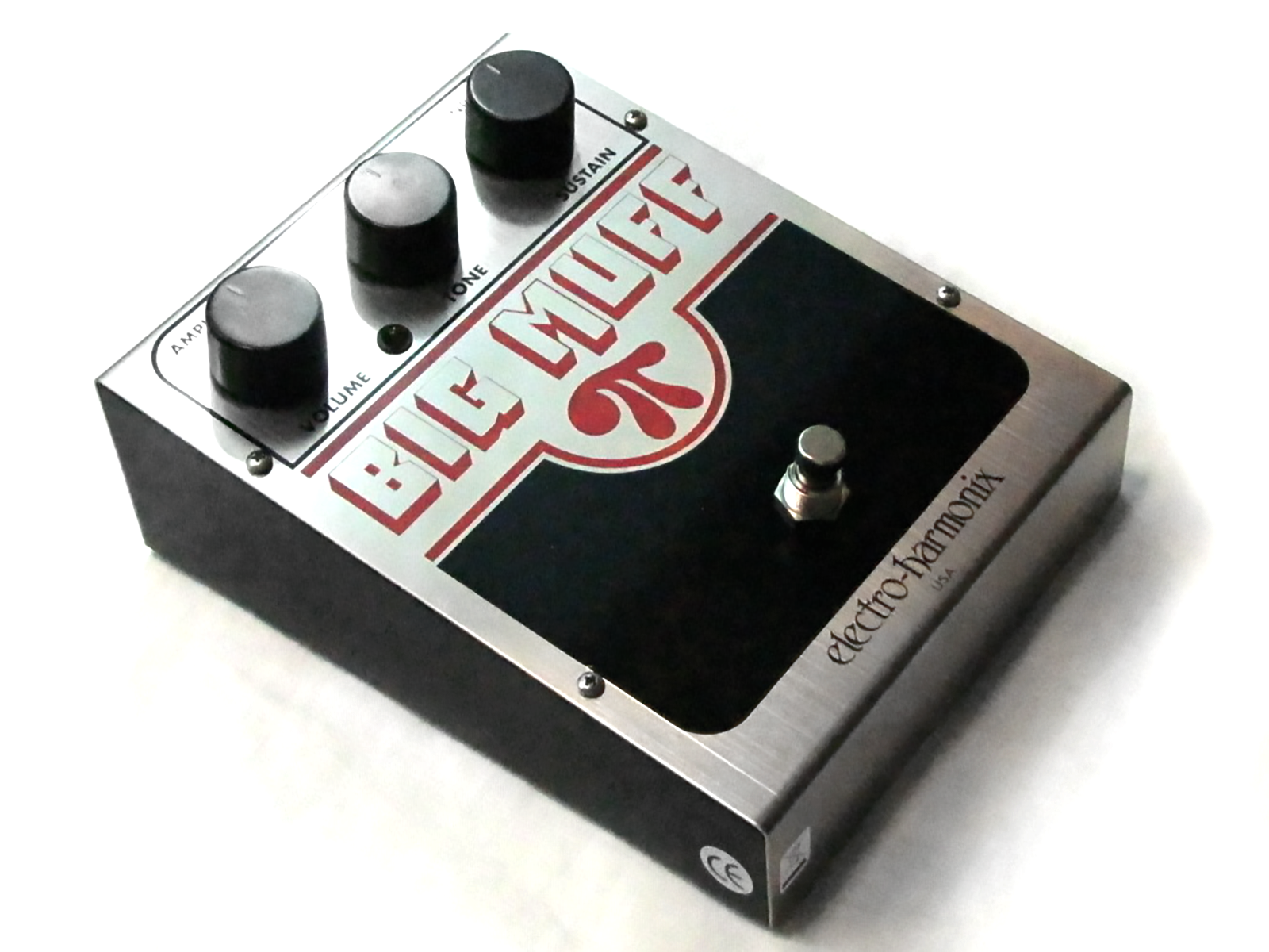 Used EHX Big Muff Pi fuzz distortion pedal, angled side view