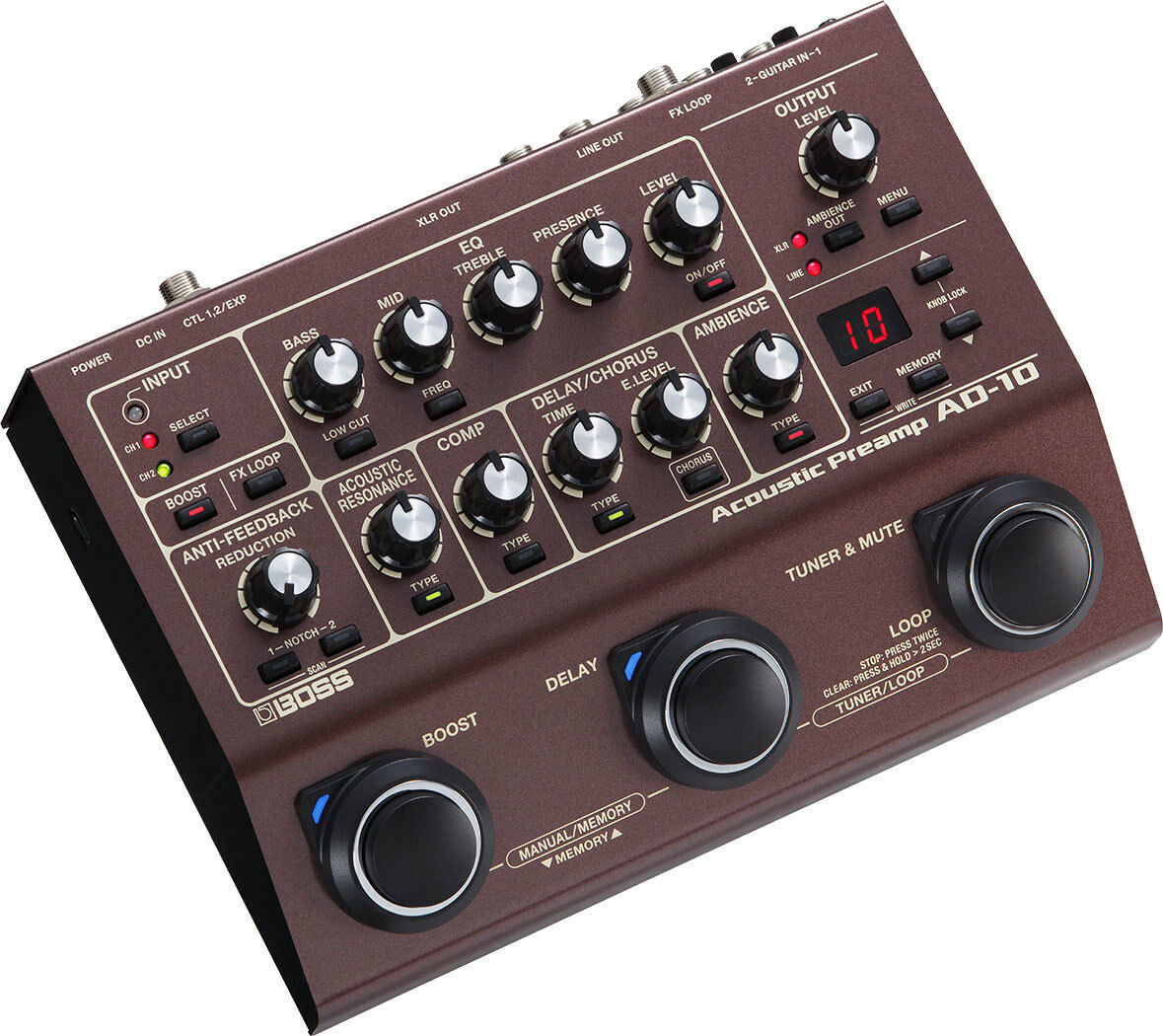 Boss AD-10 Acoustic Preamp pedal - angled view of controls