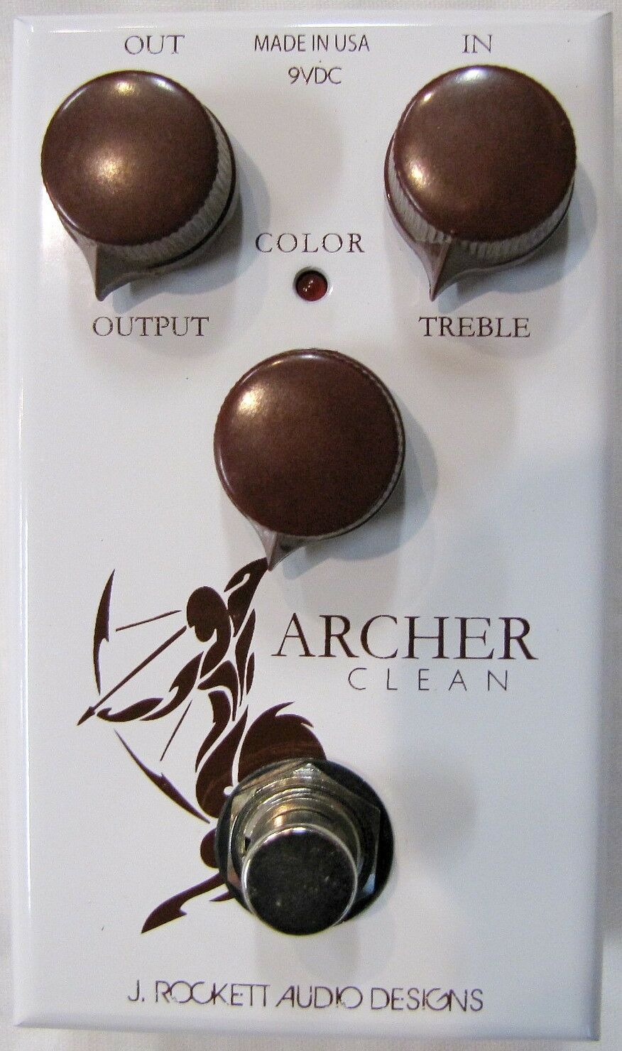 J Rockett Archer Clean overdrive boost pedal — white enclosure, top view