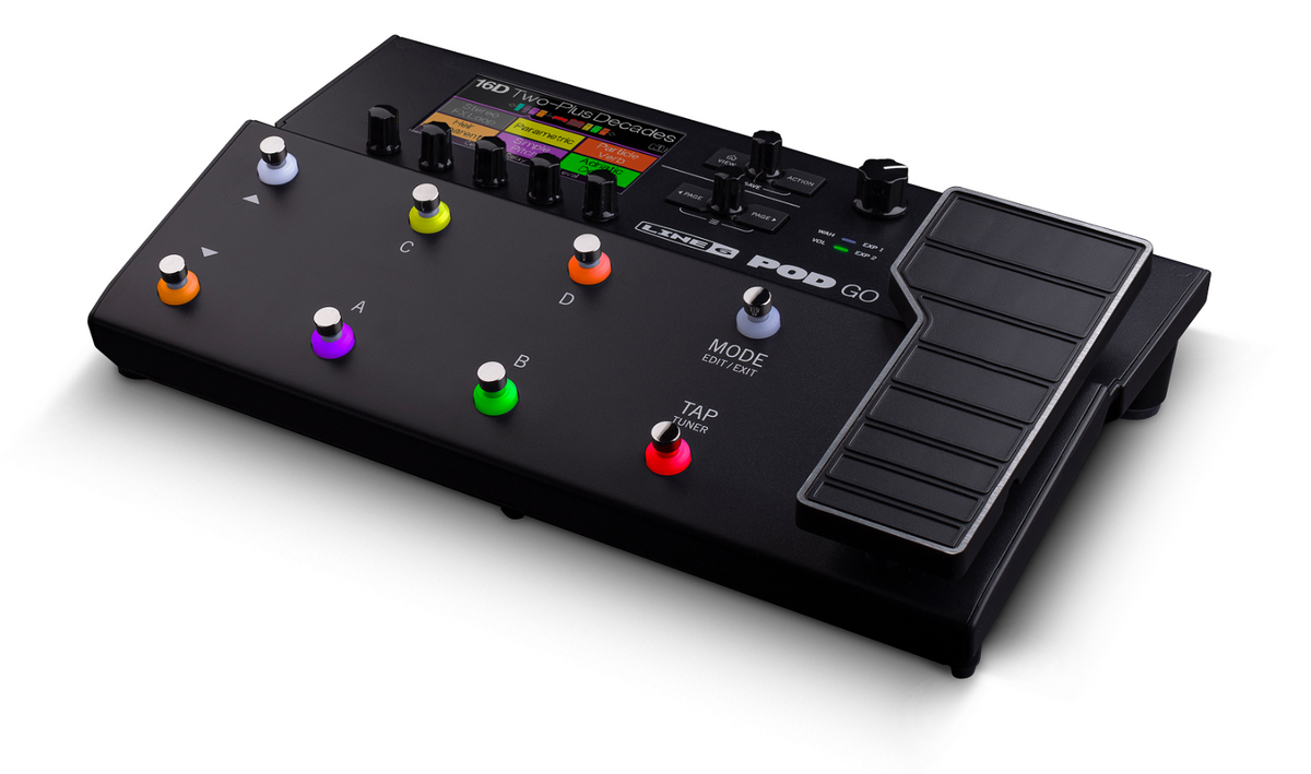 New Line 6 POD Go guitar effects processor footswitches and controls detail, black