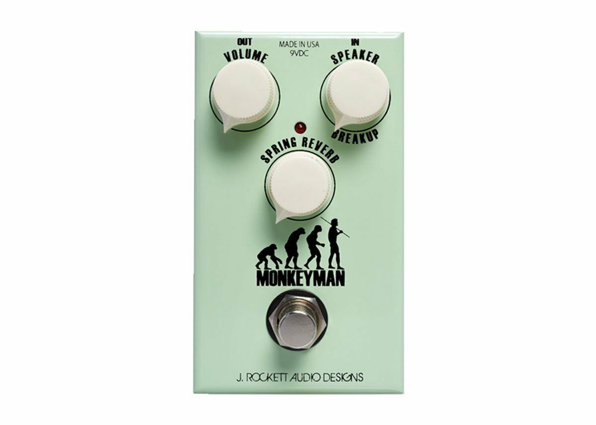 J Rockett Monkeyman seafoam green tweed overdrive and reverb guitar pedal