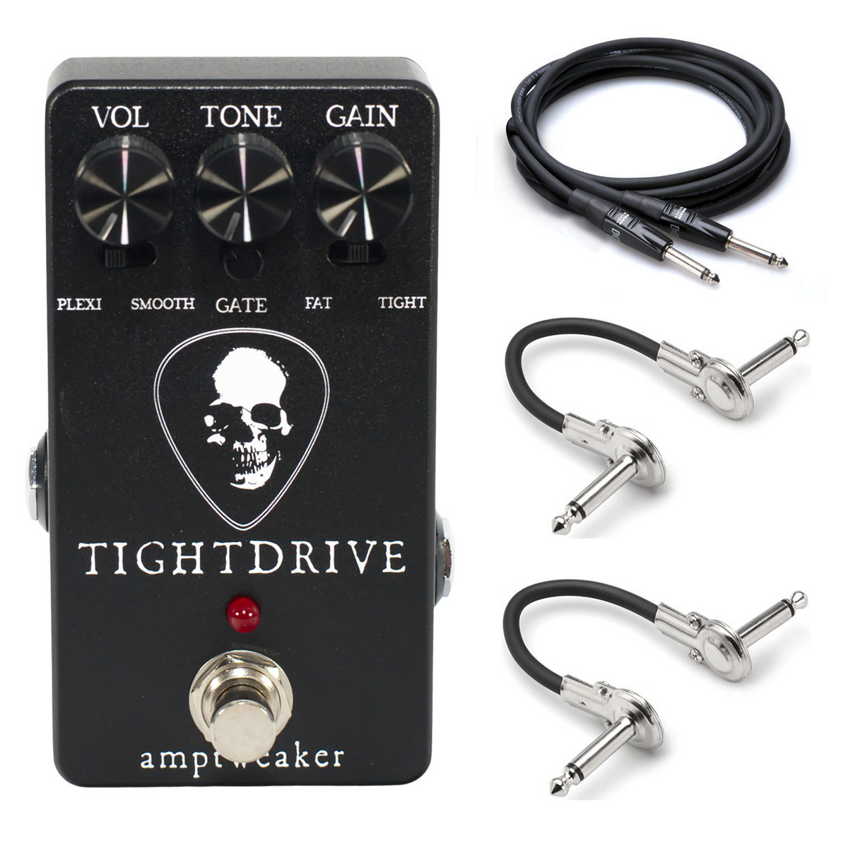 New Amptweaker Tight Drive overdrive distortion pedal, black enclosure, with two patch cables and instrument cable