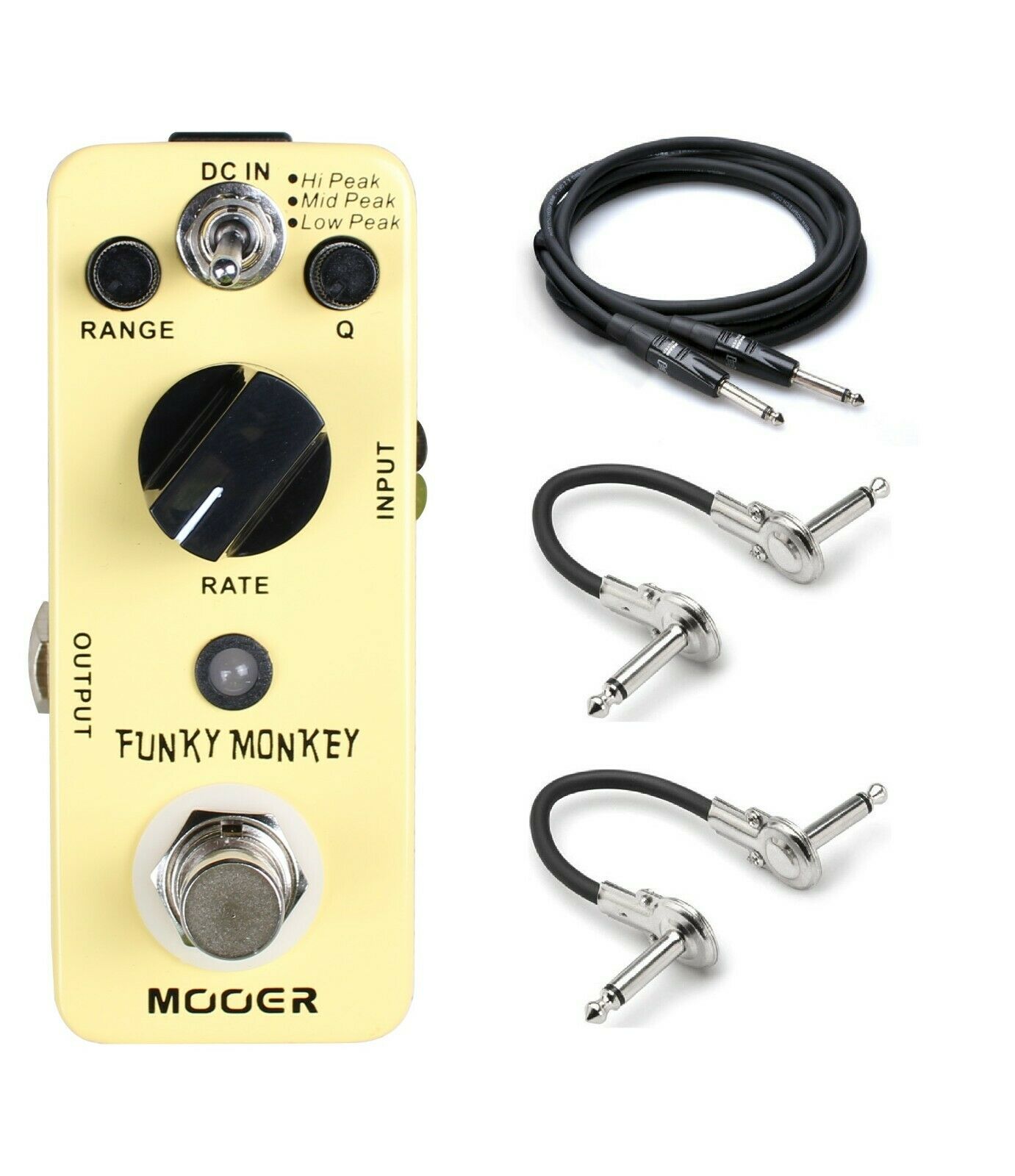 Mooer Funky Monkey auto wah pedal — yellow enclosure with included cables