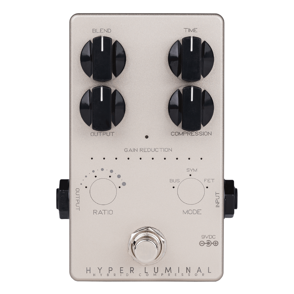 Darkglass Hyper Luminal compressor pedal — top view of controls and silver enclosure