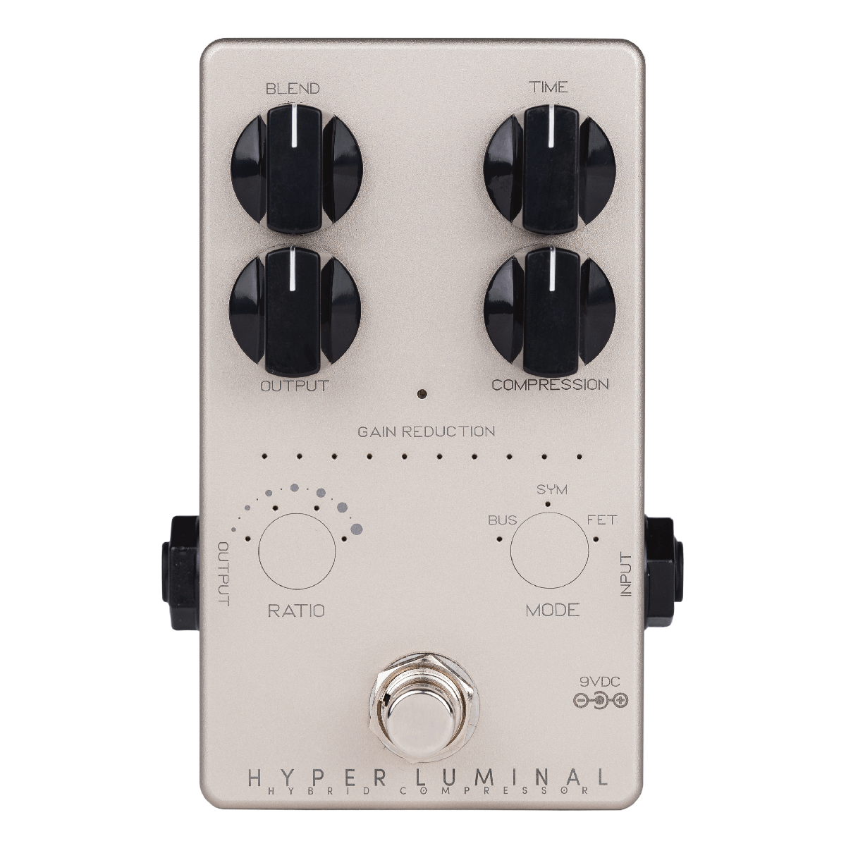 Darkglass Hyper Luminal compressor pedal — top view of controls and silver enclosure