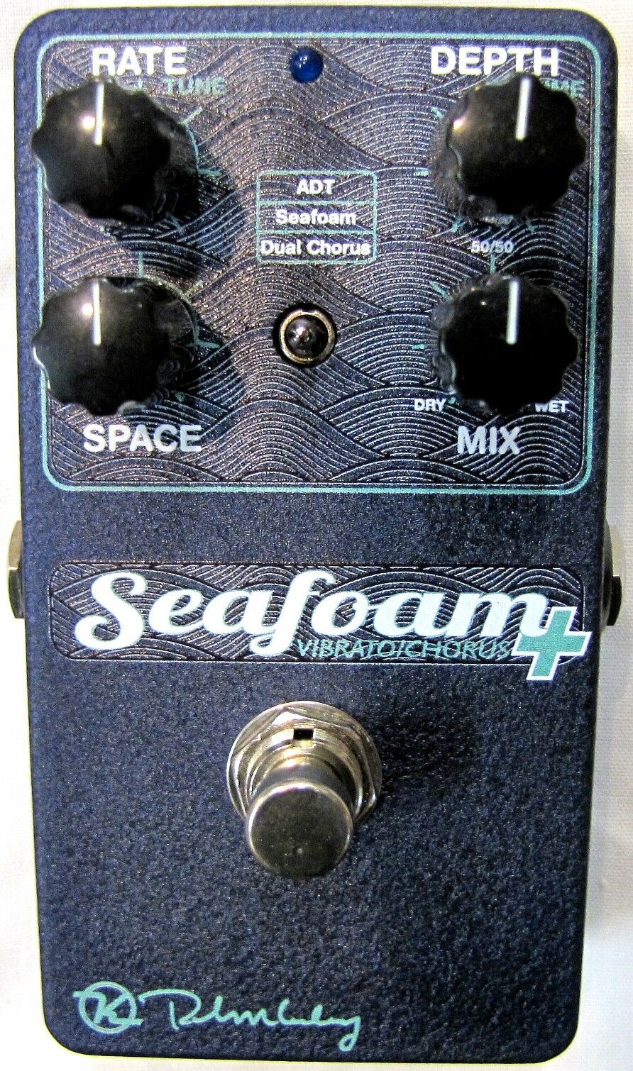 Keeley Seafoam Plus chorus pedal — dark blue enclosure, top view showing Rate, Depth, Space, Mix controls