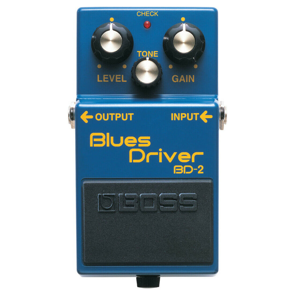 Boss BD-2 Blues Driver overdrive pedal top controls level tone gain
