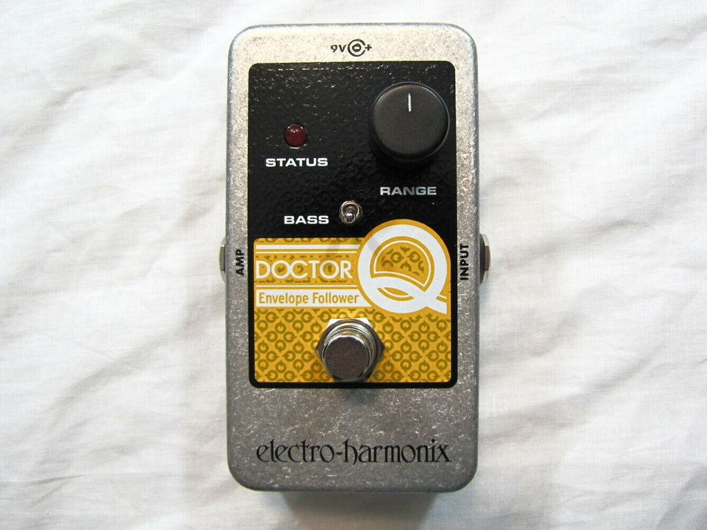 Electro-Harmonix Doctor Q envelope filter pedal — silver enclosure with Range knob, top view