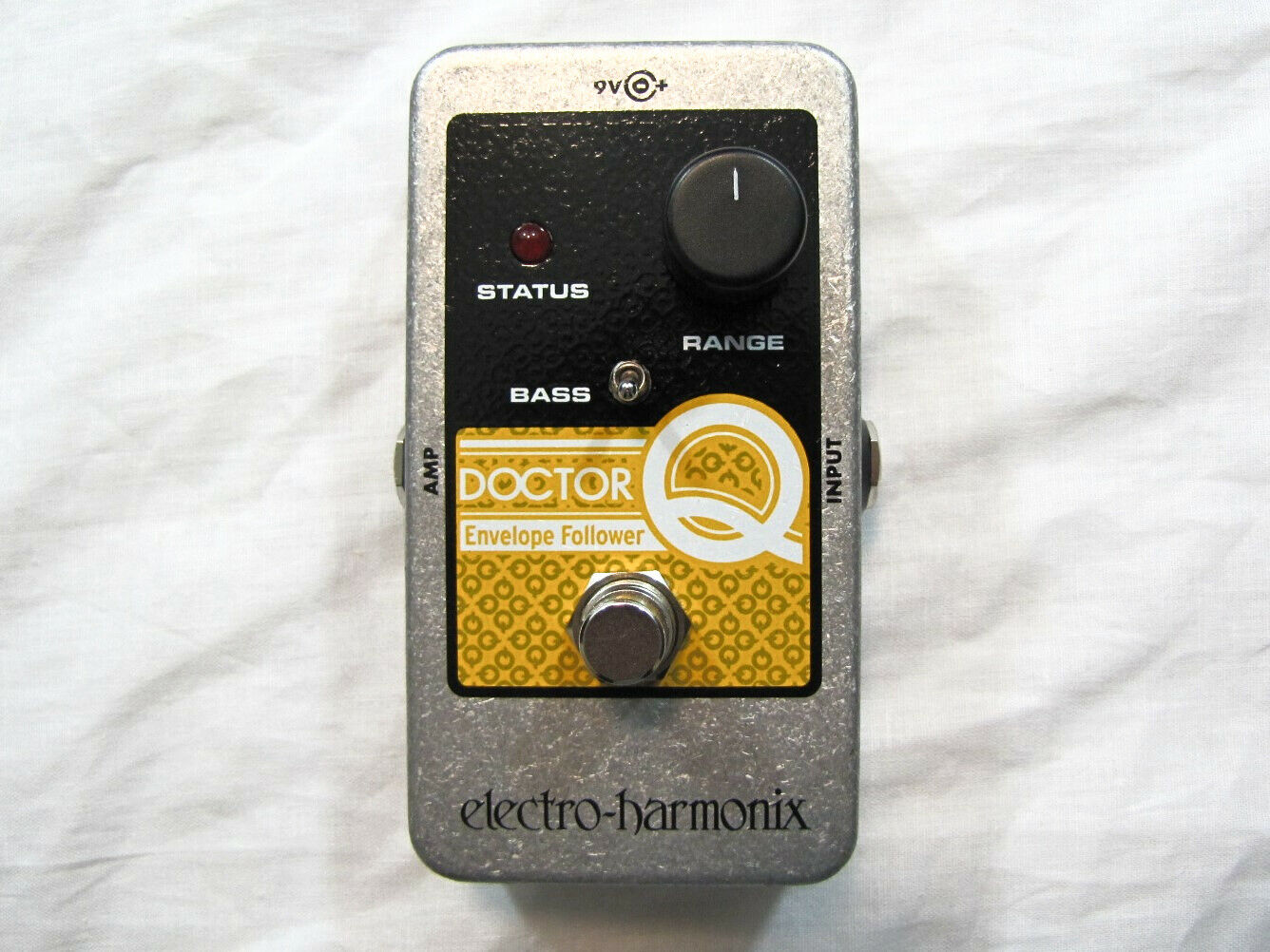 Electro-Harmonix Doctor Q envelope filter pedal — silver enclosure with Range knob, top view