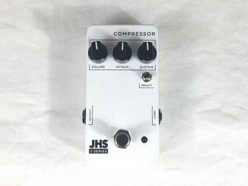 JHS 3 Series Compressor pedal - white enclosure, top view with Volume Attack Sustain knobs
