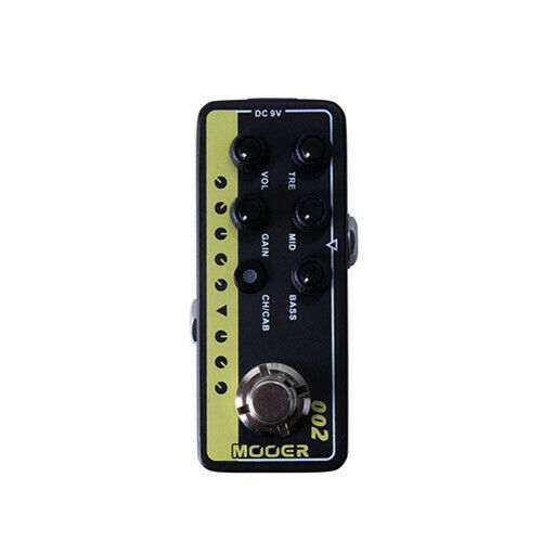 Mooer UK Gold 900 002 micro preamp pedal — black and yellow enclosure, front view with EQ and gain knobs