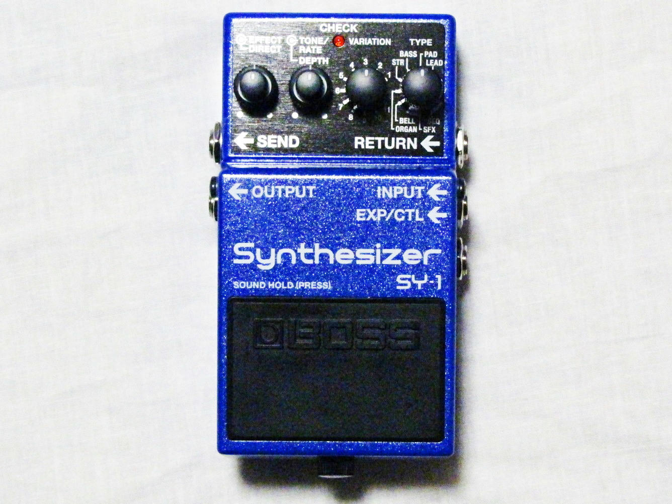 Used Boss SY-1 Synthesizer guitar pedal, blue, top view with knobs and controls