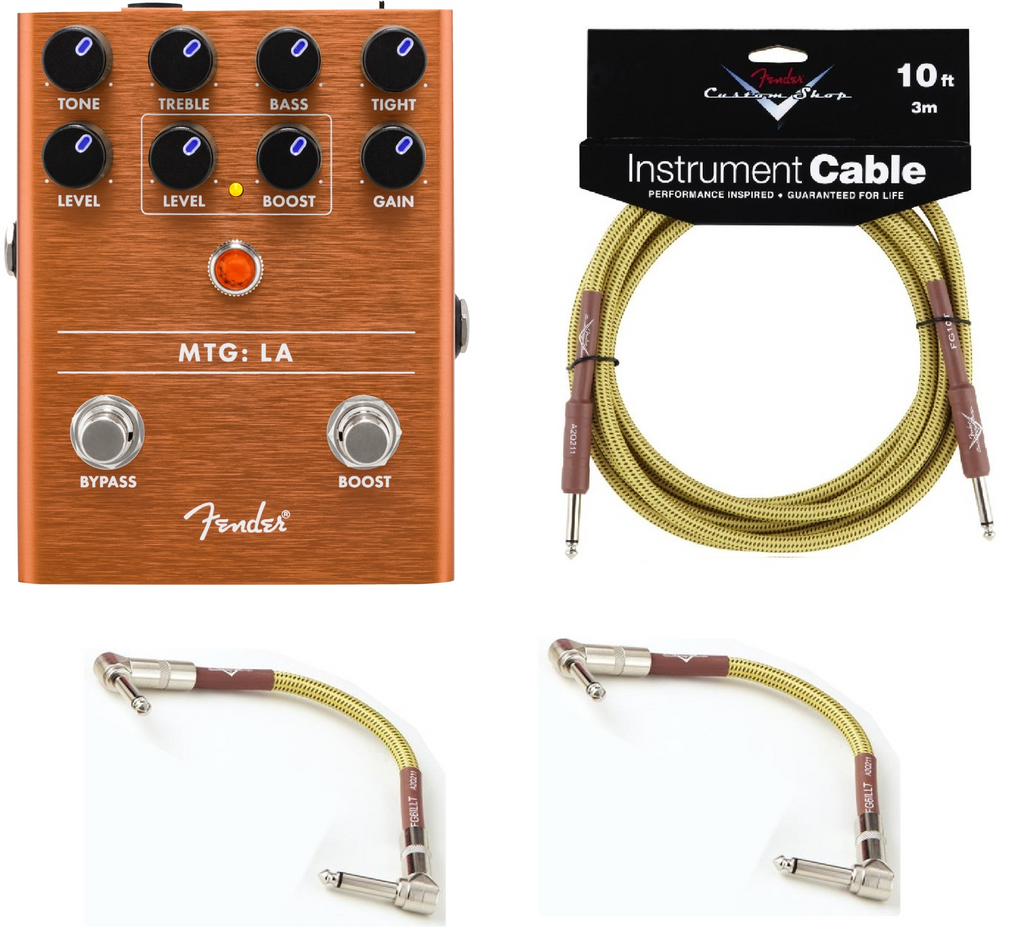 Fender MTG:LA Tube Distortion pedal with included tweed cables, top view