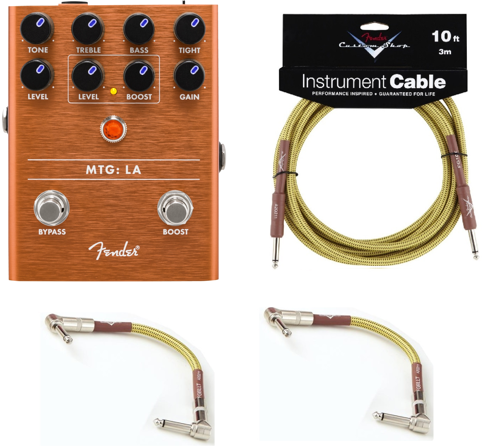 Fender MTG:LA Tube Distortion pedal with included tweed cables, top view