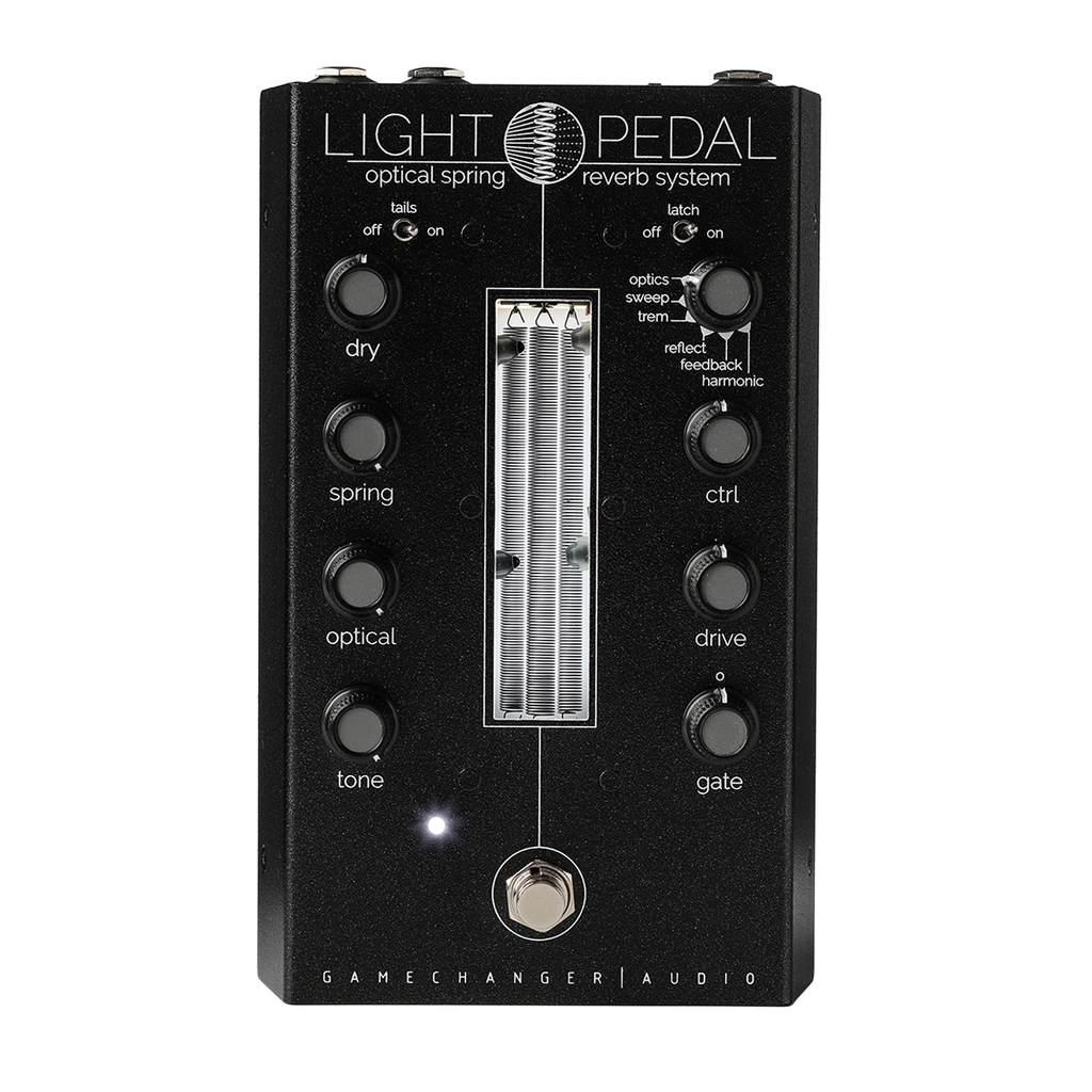 Gamechanger Audio LIGHT Pedal optical spring reverb — top view of black enclosure