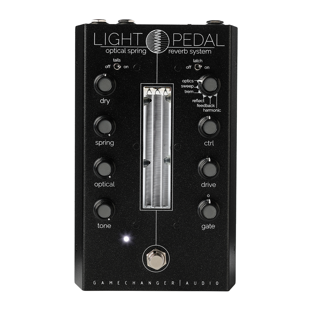 Gamechanger Audio LIGHT Pedal optical spring reverb — top view of black enclosure
