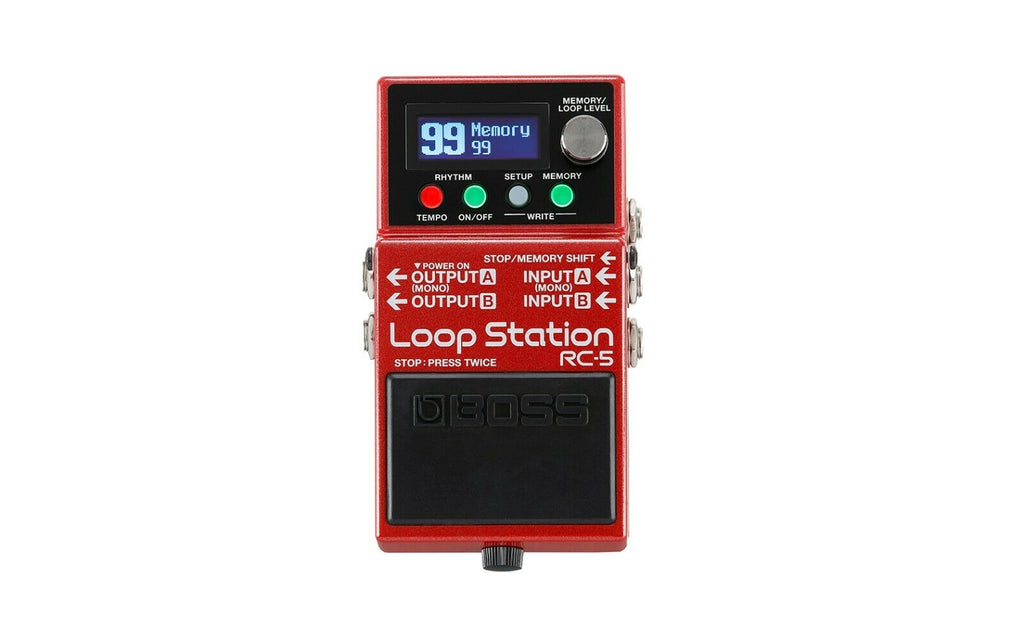 Used Boss RC-5 Loop Station red looper pedal, top view of controls