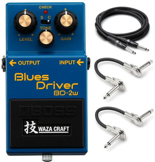 Boss BD-2W Waza Craft overdrive pedal — blue enclosure with included cables