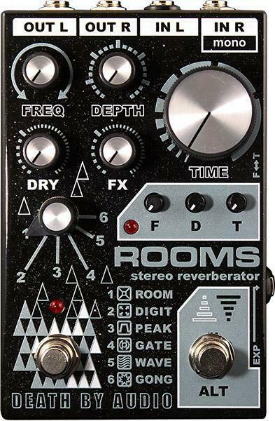 Death by Audio Rooms stereo reverb pedal, black sparkle, front view