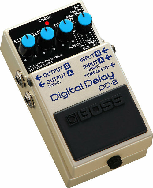 Boss DD-8 Digital Delay pedal control knobs and mode selector