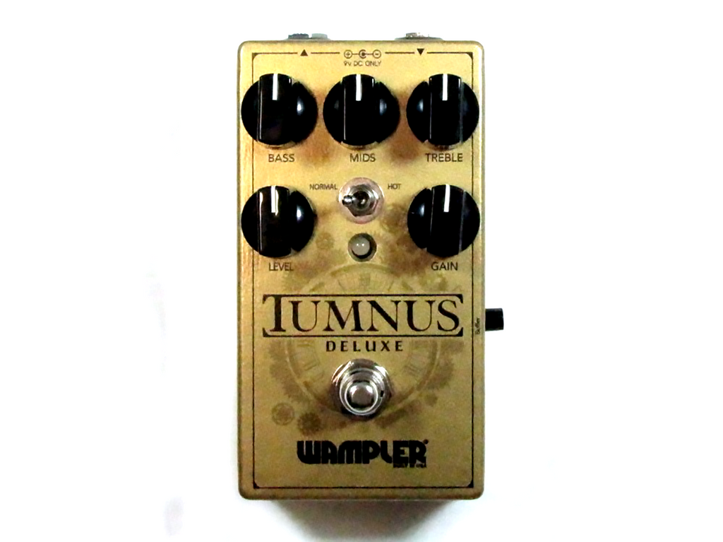 Wampler Tumnus Deluxe overdrive pedal — front view, gold enclosure