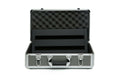 Pedaltrain Metro 16 pedalboard inside open gray hard case with foam lining and chrome latches