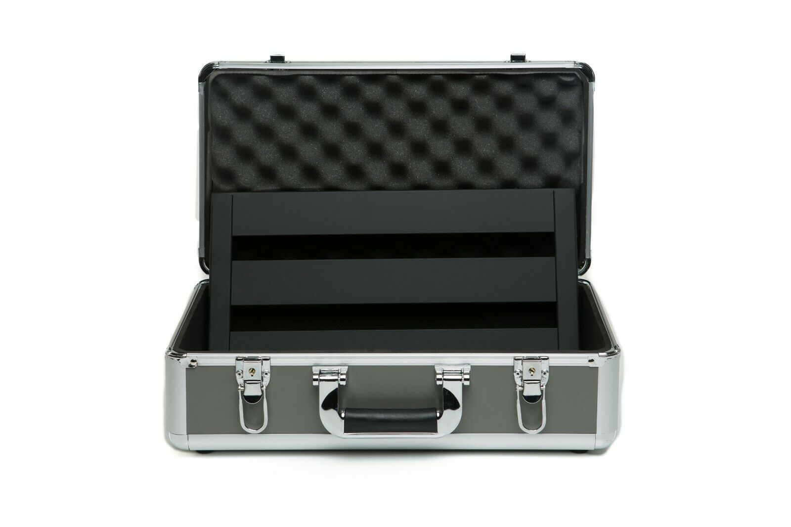 Pedaltrain Metro 16 pedalboard inside open gray hard case with foam lining and chrome latches