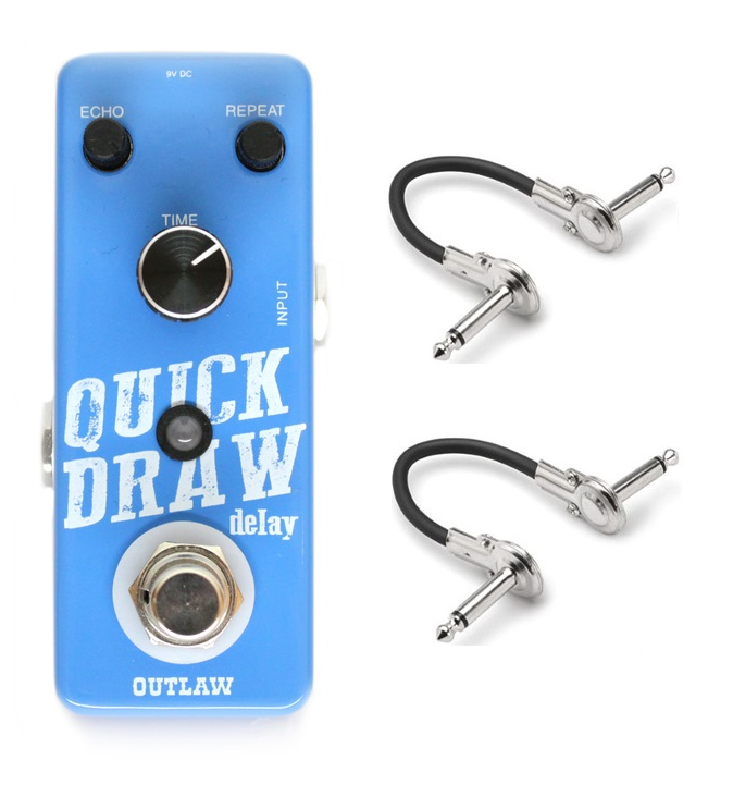 Outlaw Effects Quick Draw Delay Guitar Pedal — blue enclosure with two Hosa patch cables
