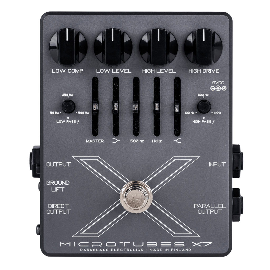 Darkglass Microtubes X7 bass distortion pedal — control knobs and sliders detail