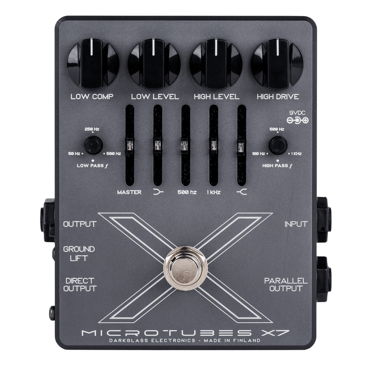 Darkglass Microtubes X7 bass distortion pedal — control knobs and sliders detail