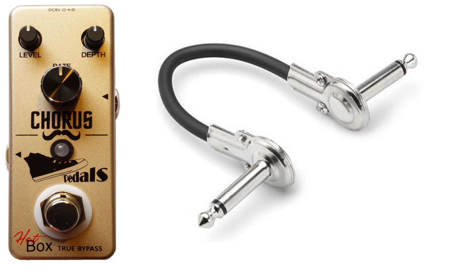 Hot Box Chorus mini pedal — gold enclosure with included patch cable
