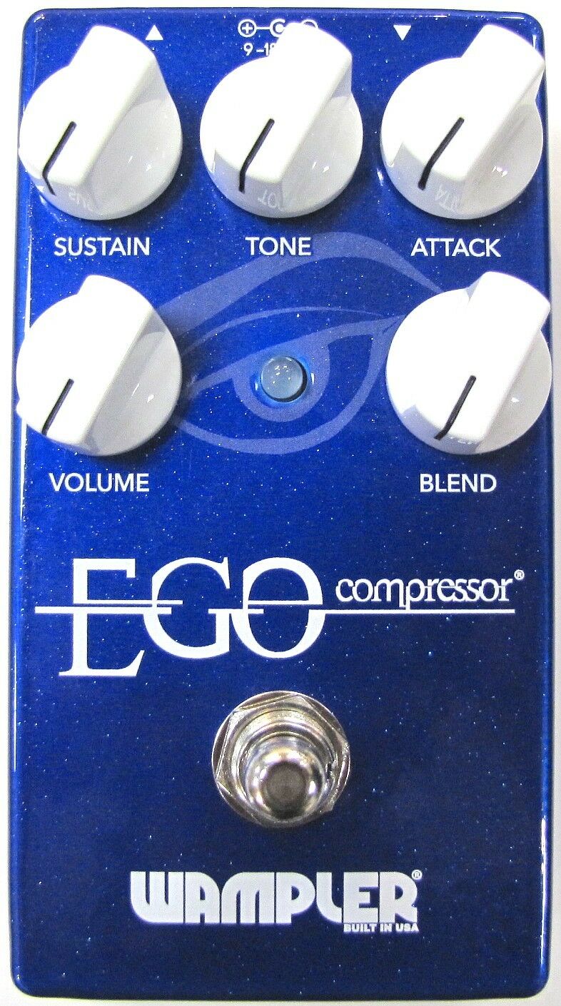 Wampler Ego Compressor guitar pedal — blue sparkle enclosure with five white knobs, top view