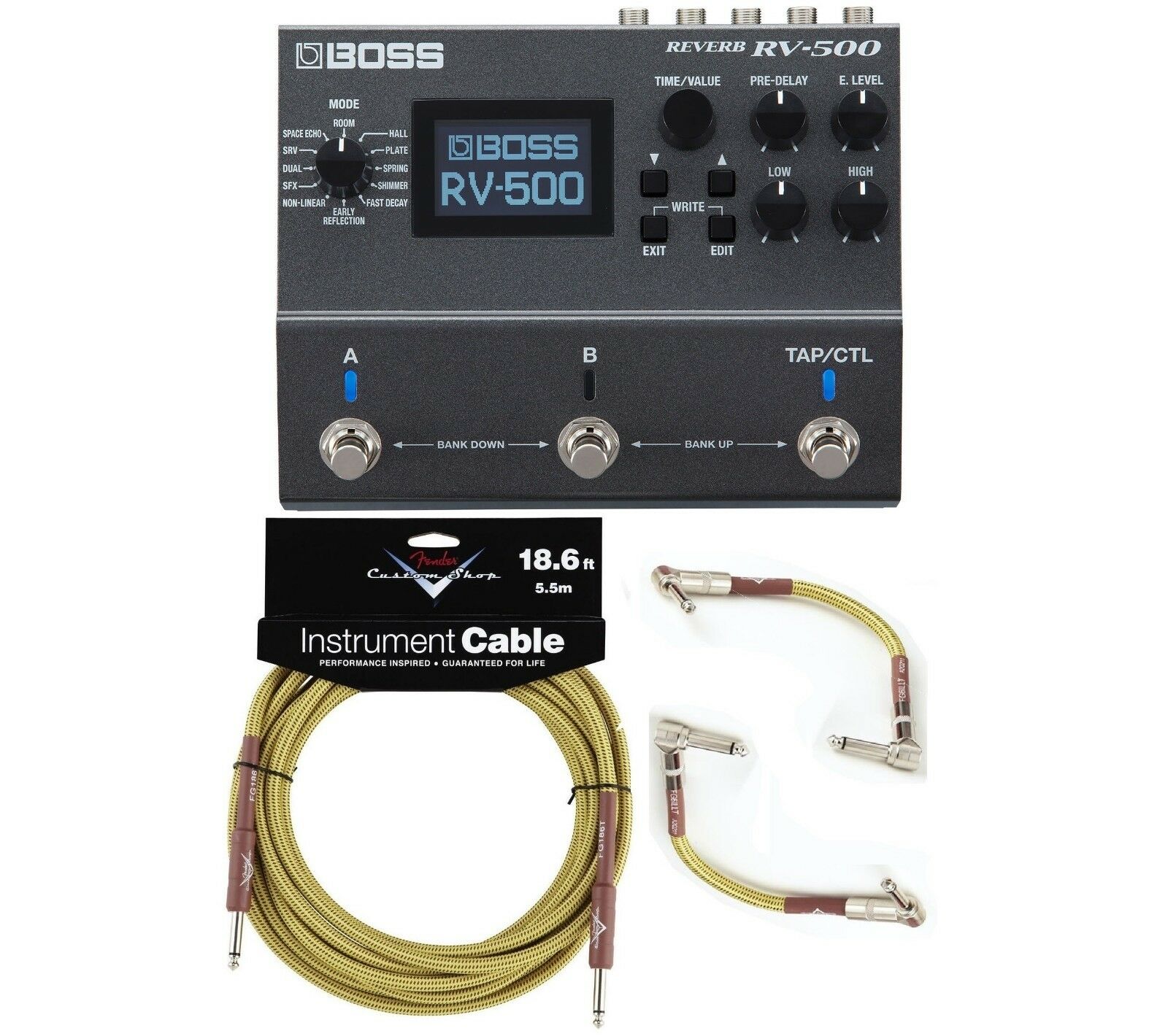 Boss RV-500 reverb pedal in gray with included tweed cables, top view