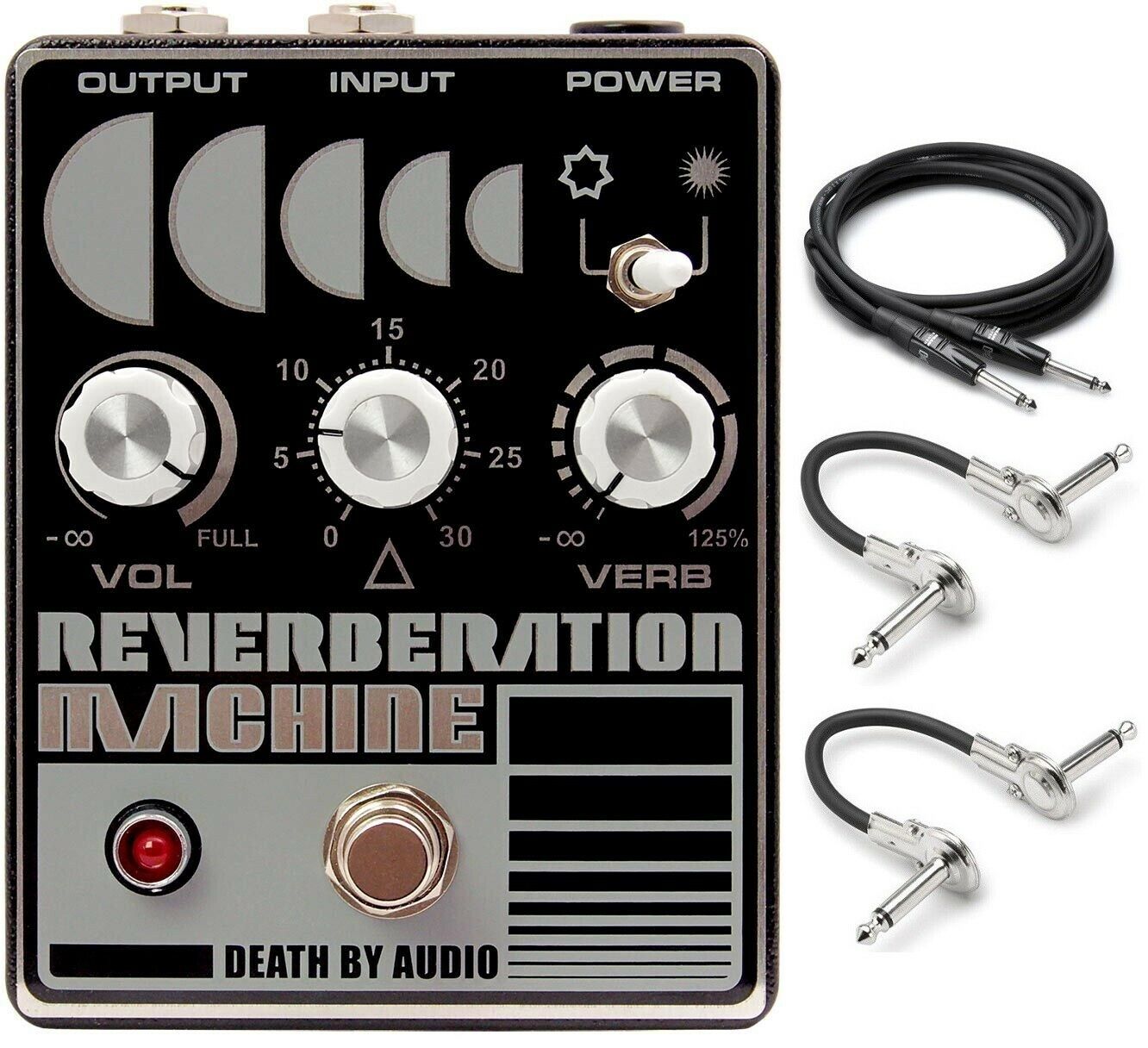 Death By Audio Reverberation Machine reverb pedal — black, with Hosa cables