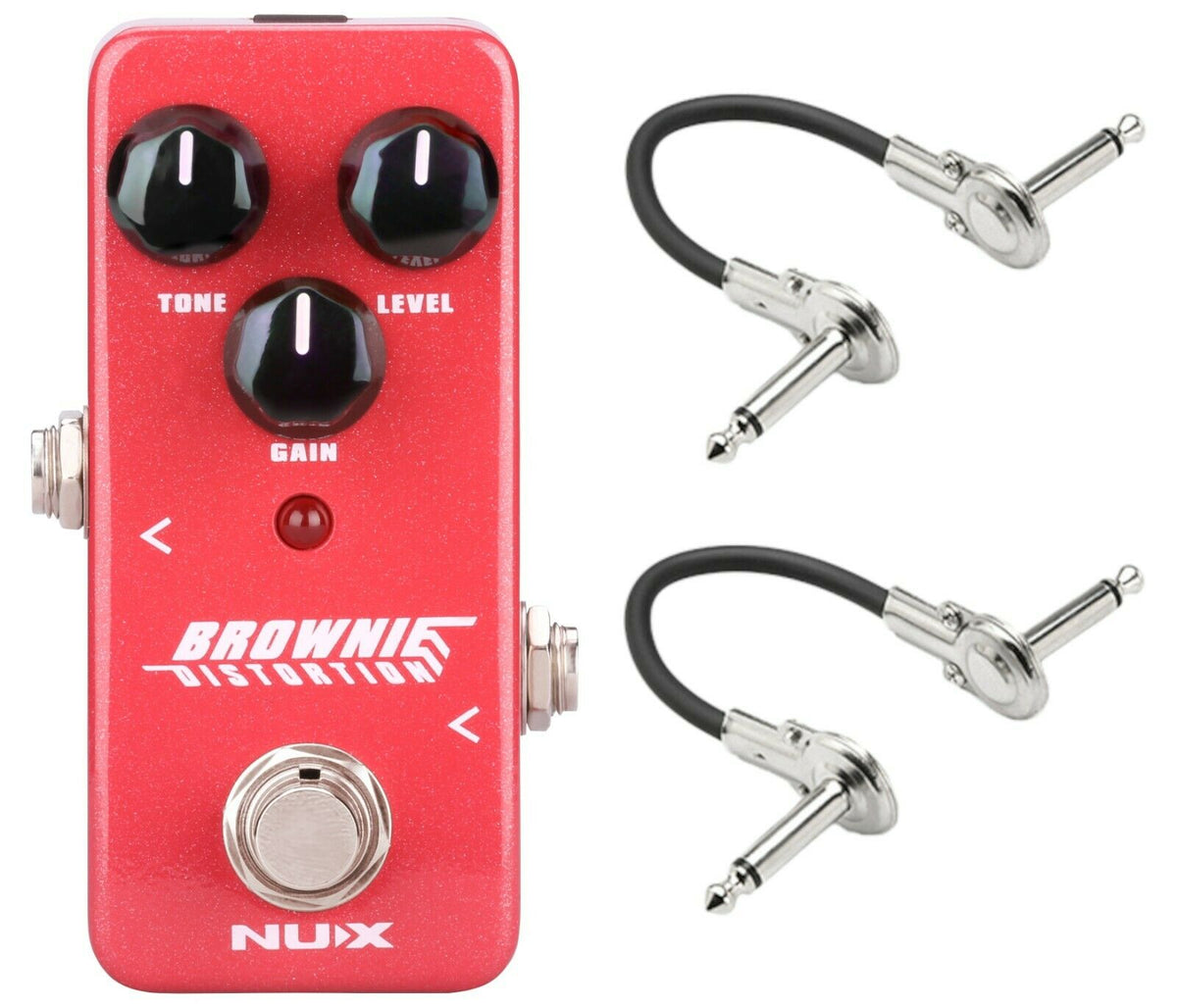 NUX Brownie NDS-2 distortion pedal — red enclosure with patch cables, top view
