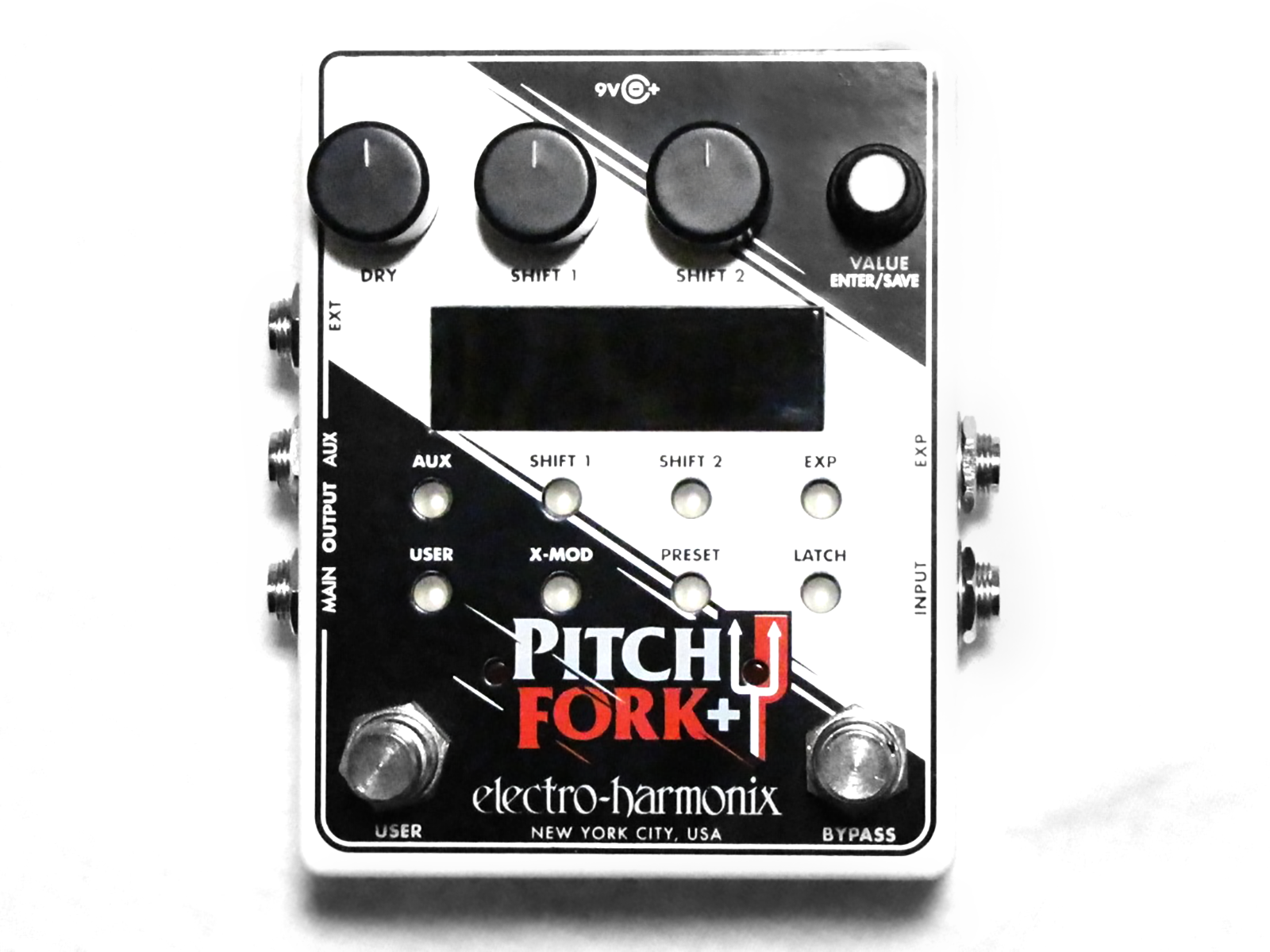 Electro-Harmonix Pitch Fork Plus pitch shifter pedal — white enclosure, top view