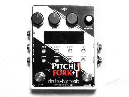 Electro-Harmonix Pitch Fork Plus pitch shifter pedal — white enclosure, top view