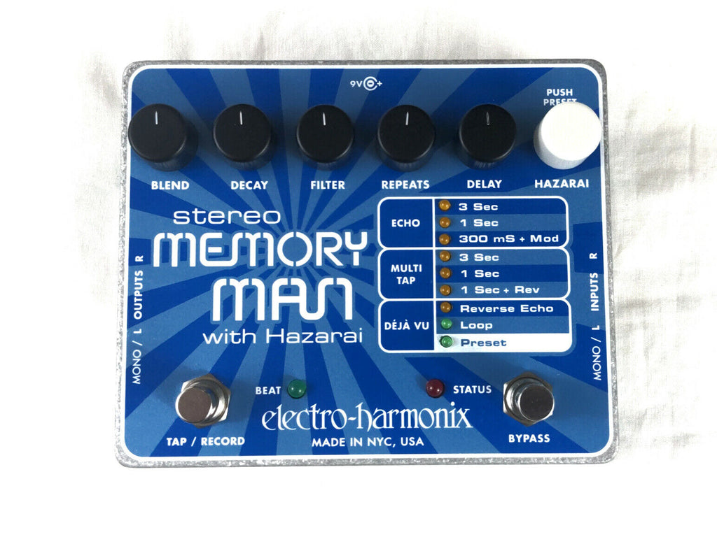 Electro-Harmonix Stereo Memory Man with Hazarai delay looper pedal — blue top panel