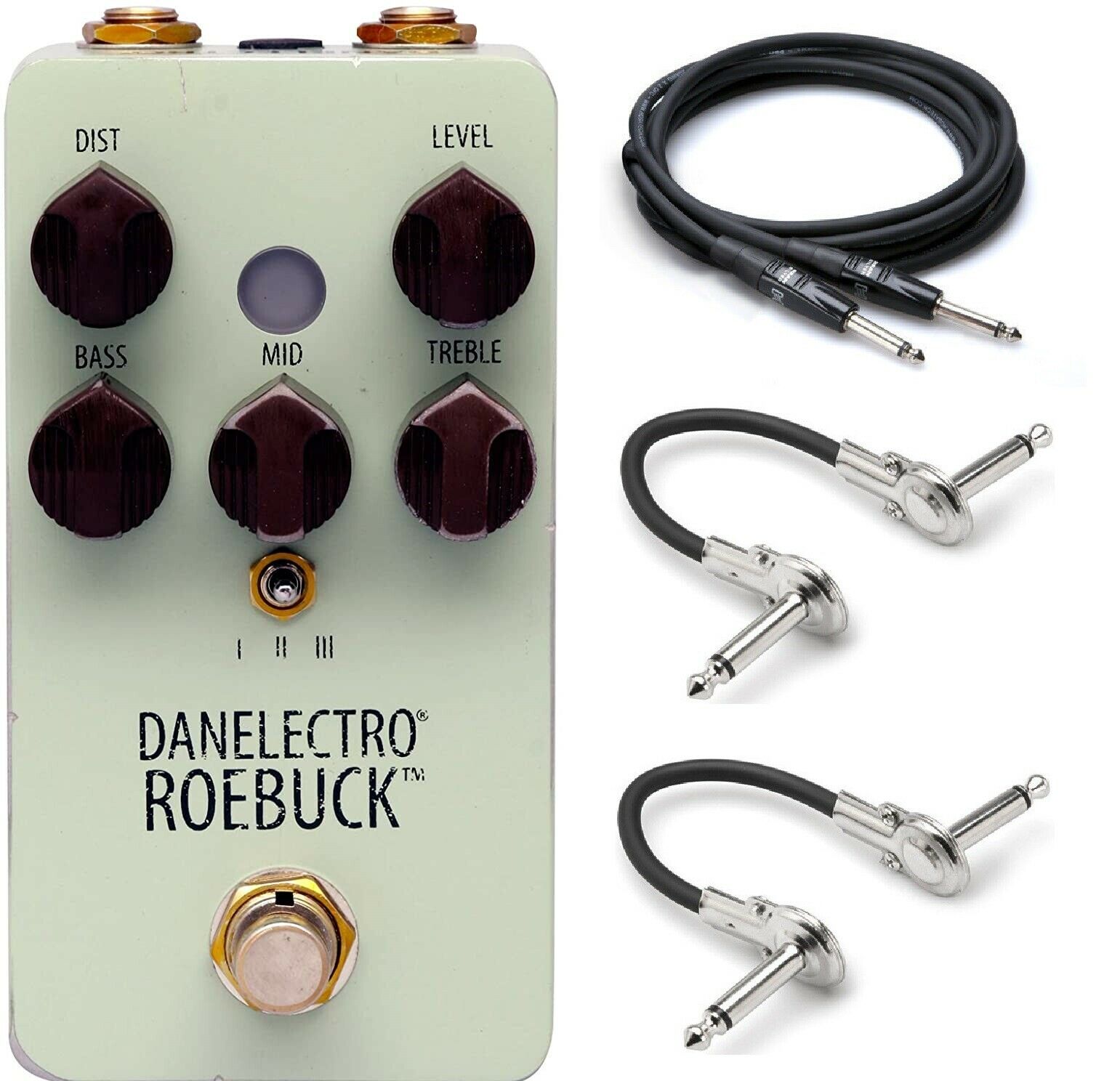 Danelectro Roebuck Distortion pedal - mint green enclosure with bundled cables