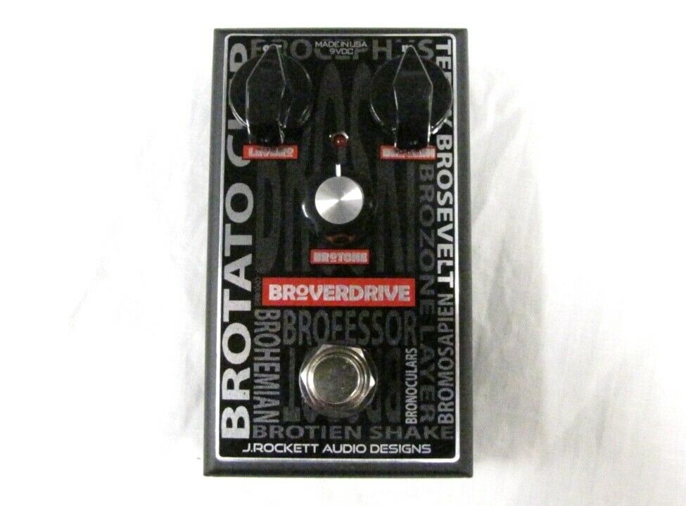 J Rockett Broverdrive overdrive pedal — top with bro-themed art